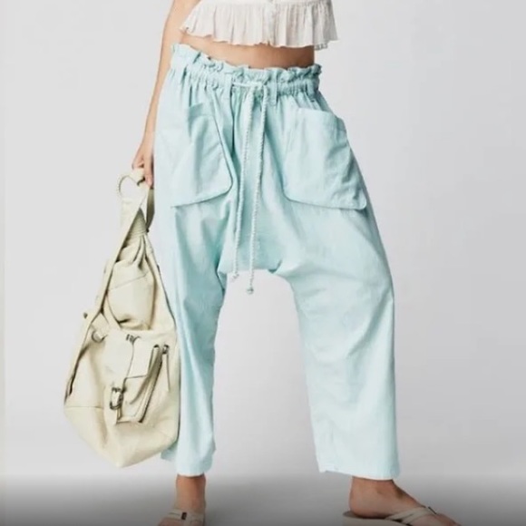 Free People Pants - Free People Blue Cropped Ankle Pants with Paper-Bag Waist